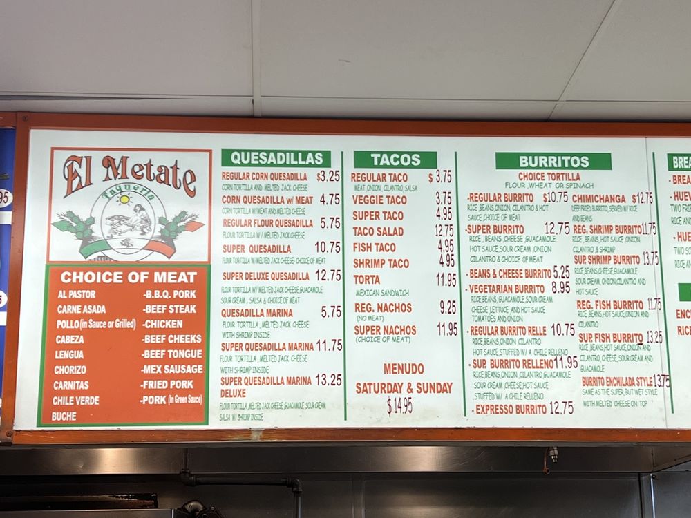 Menu - Taqueria El Metate